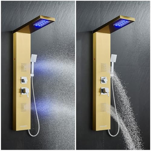 5-in-1 LED Shower Panel Tower System Stainless Steel Gold | Rainfall head | 2 massage jets | Handheld shower | Tub spout | LED lights | Wall mount - color: Gold