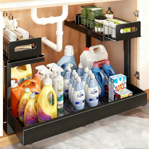 Expandable under cabinet organizer, 2-Tier under sink organizer with Reinforced Ball-Bearing slide rail, Slide-Out sink Shelf Height Adjustable, Durable and rust-proof for Kitchen & Bathroom