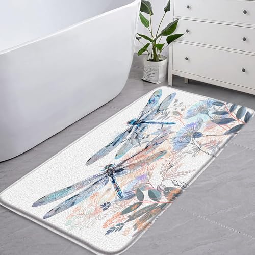 2 Pcs Dragonfly Bath Mat Abstract Flowers Leaves Nature Animals Botanical Memory Foam Soft Doormat Kitchen Bathroom Mat/Rugs, 18x30 Inch and 16x48 Inch - size: 18x30 Inch+16x48 Inch(45x75CM+40x120CM)