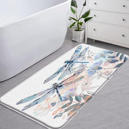 2 Pcs Dragonfly Bath Mat Abstract Flowers Leaves Nature Animals Botanical Memory Foam Soft Doormat Kitchen Bathroom Mat/Rugs, 18x30 Inch and 16x48 Inch - size: 18x30 Inch+16x48 Inch(45x75CM+40x120CM)