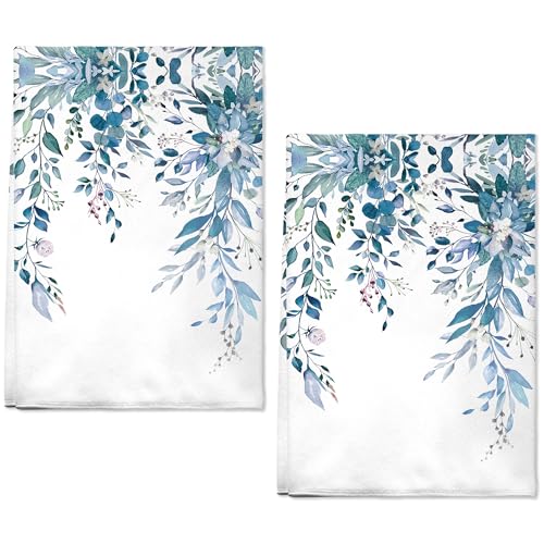 2 Pack Blue Eucalyptus Bathroom Hand Towels Decorative Plant Leaves Dish Kitchen Towels 16x27 Inch Navy Floral Botanical Absorbent Soft Microfiber Bath Fingertip Towels Hotel Spa Decor