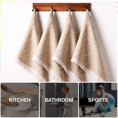 4-Pack Cotton Bathroom Hand Towels – Boho Cotton Hand Towel Set with Jacquard Weave & Fringe, 13"x29.1" Absorbent Soft Face Set for Kitchen, Bathroom, Guest Tea Gift (Brown, White) - color: Brown，white