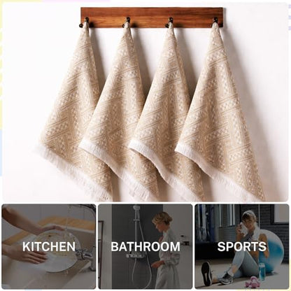 4-Pack Cotton Bathroom Hand Towels – Boho Cotton Hand Towel Set with Jacquard Weave & Fringe, 13"x29.1" Absorbent Soft Face Set for Kitchen, Bathroom, Guest Tea Gift (Brown, White) - color: Brown，white