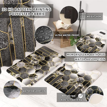 XLHOMO Bathroom Set - 26PC Bathroom Set with Shower Curtain and Rugs, Bathroom Accessory Set, Black Bathroom Accessories Set, Trash Can & Soap Dispenser - style: Black&Gold