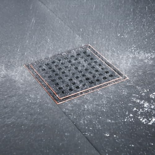 RANDOM 6 Inch Square Shower Floor Drain with Oil Rubbed Bronze Removable Quadrato Pattern Grate, PVC Shower Drain Base Flange,Include Hair Strainer,SUS 304 Stainless Steel - color: C-oil Rubbed Bronze-6″ Square With Base Flange