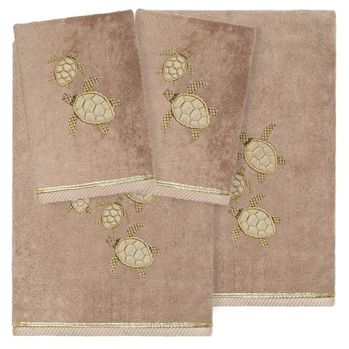 Jewel 4-Piece Premium Towel Set, Embroidered Turtles, Plush Turkish Cotton, Durable & Quick Dry, Elegant Beach Style, 2 Bath 2 Hand Towels, Cocoa - color: Cocoa, size: 2 Pcs Bath 2 Pcs Hand Towel