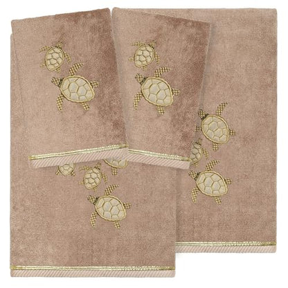 Jewel 4-Piece Premium Towel Set, Embroidered Turtles, Plush Turkish Cotton, Durable & Quick Dry, Elegant Beach Style, 2 Bath 2 Hand Towels, Cocoa - color: Cocoa, size: 2 Pcs Bath 2 Pcs Hand Towel