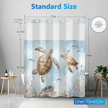No Hook Shower Curtain with Snap in Liner Set, Sea Turtles Shower Curtain with Removable Button Liner and Mesh Top Window, Double-layer Waterproof Fabric Shower Curtains for Bathroom with Weighted Hem - color: Two Turtles