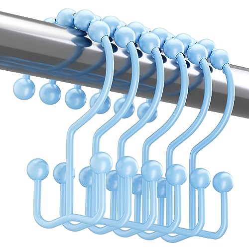 Titanker Shower Curtain Hooks, Rust Resistant Shower Curtain Rings for Bathroom, Metal Double Glide Shower Hooks Hangers for Bathroom Shower Rods Curtains, Set of 12 Hooks - Blue - color: Blue, style: Modern
