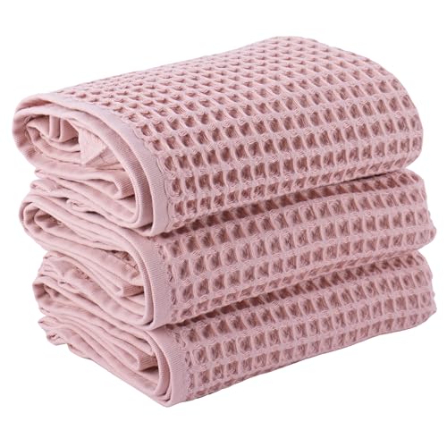 PÜSKÜL Natural 100% Turkish Cotton Waffle Kitchen and Hand Towels, 3-Piece | Pink Powder, 32x16" Large, Premium 3D Honeycomb Weave Soft Absorbent Quick-Dry Lint-Free Dish Towel, Oeko-Tex Made in Turkey - color: Pink Powder, size: Kitchen & Hand Towels Pac