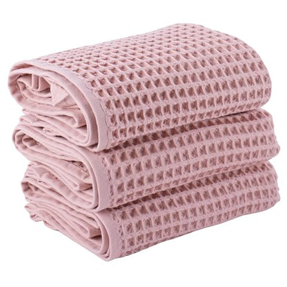 PÜSKÜL Natural 100% Turkish Cotton Waffle Kitchen and Hand Towels, 3-Piece | Pink Powder, 32x16" Large, Premium 3D Honeycomb Weave Soft Absorbent Quick-Dry Lint-Free Dish Towel, Oeko-Tex Made in Turkey - color: Pink Powder, size: Kitchen & Hand Towels Pac