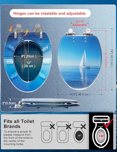 Angol Shiold ELONGATED Resin Soft Close Toilet Seat Sailboat 18.5Inch | Quick Release Heavy Duty Acrylic Decorative Toilet Seats Easy to Install&Clean (Blue Sailboat ) - color: Oceanic Sailer