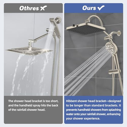 Hibbent cUPC Certified Upgraded 13'' Shower Head Combo, High Pressure 5 Spray Rainfall Showerhead with 10 Sprays Handheld, All Metal 3-way Diverter Shower Arm, 71'' Hose and Holder, Brushed Nickel - color: Brushed Nickel, style: Square 13"