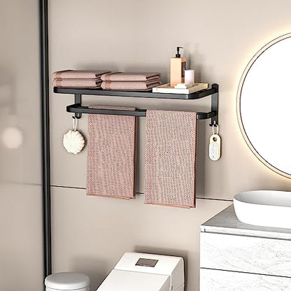 23 Inch Bathroom Towel Rack Towel Shelf with Double Towel Bars Lavatory Wall Mount Holder with Hooks Stainless Steel Hotel Bath Rack (Matte Black) - color: Black