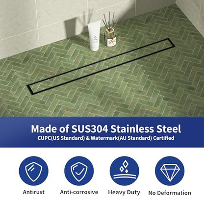 Linear Shower Drain, 304 Stainless Steel Floor Drain 30" | with Tiled Insert Grate & Hair Strainer, Bathroom 2-in-1 Tiled in Drain, CUPC Certified - color: Matte Black, size: 30''