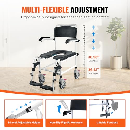 VEVOR Shower Commode Wheelchair with 4 Lockable Wheels, Footrests, Flip-up Arms, 3-Level Adjustable Height, 5L Removable Bucket, 350 LBS Capacity, Commode Chair for Adults Seniors | with 4 Lockable Wheels, Footrests, Flip-up Arms, 3-Level Adjustable Heigh