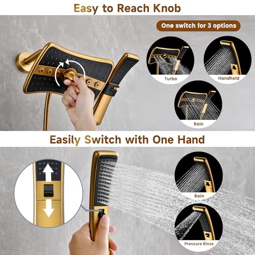 BRIGHT SHOWERS Dual Shower Head with Handheld, High Pressure Rainfall Shower Head Combo, 60-Inch Stainless Steel Hose, Brushed Gold - color: Brushed Gold, size: 2.5 Gallon Per Minute