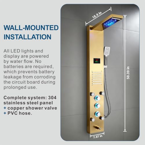 ELLO&ALLO LED Stainless Steel Bathroom Shower Panel Tower System, Rainfall Waterfall Shower Head Rain Massage System with Body Jets, Brushed Gold - color: Gold