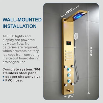 ELLO&ALLO LED Stainless Steel Bathroom Shower Panel Tower System, Rainfall Waterfall Shower Head Rain Massage System with Body Jets, Brushed Gold - color: Gold