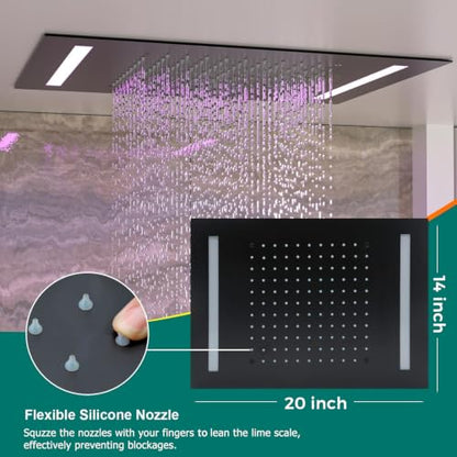 Digital Display Shower Faucet Set Matte Black Dual Heads LED Shower System | 14X20" LED Ceiling Shower with Light Remote & 6" Wall Mounted Shower Head & Dual Function Handheld Shower - color: Matte Black