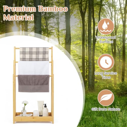 Giantex 3 Tier Free Standing Bamboo Towel Rack with Storage Shelf, Natural | Bath Towel Drying Stand, Blanket Holder for Living Room, Laundry, Bathroom, Poolside, 18" L x 9" W x 34" H - color: Natural