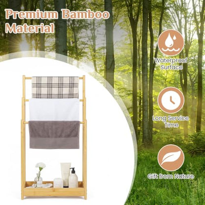 Giantex 3 Tier Free Standing Bamboo Towel Rack with Storage Shelf, Natural | Bath Towel Drying Stand, Blanket Holder for Living Room, Laundry, Bathroom, Poolside, 18" L x 9" W x 34" H - color: Natural