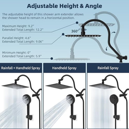 Hibbent All Metal CUPC Certified Shower Head, 8'' High Pressure Rainfall Shower Head, Handheld Showerhead Combo, 12'' Adjustable Extension Arm, 10 Sprays, 71'' Hose, Shower Holder, Matte Black - color: Matte Black, style: Square 8''