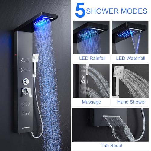 Stainless Steel Shower Panel Tower System with LED Lights, 5 in 1 Shower Panel with Rainfall Waterfall Shower Head, Body Spray, Handheld Shower, Tub Spout (Black) - color: Black - Wave Body Spray