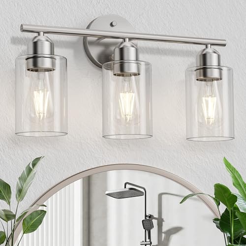 Bathroom Vanity Light Fixtures Brushed Nickel, 3 Lights Bathroom Over Mirror, UL Certified, Modern Wall Lighting Fixtures with Glass Shade, E26 Socket - color: Brushed Nickel, size: 3 Lights