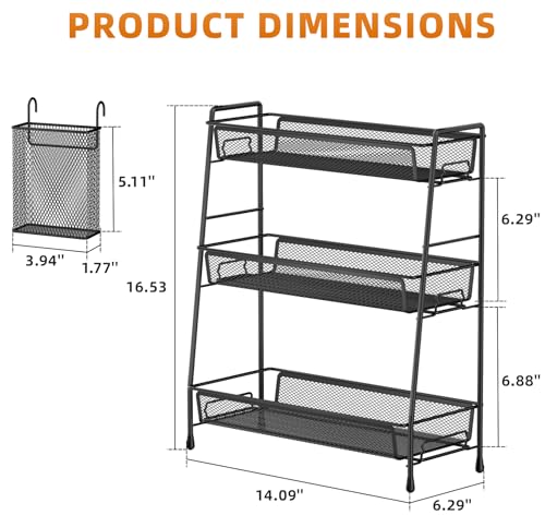 VITVITI 3-Tier Bathroom Organizer Countertop, Metal Wire Mesh Bathroom Counter Organizer Storage with Basket Hooks, Vanity Tray Shelf, Kitchen Spice Rack (Black) - color: 3 Tier Large Black