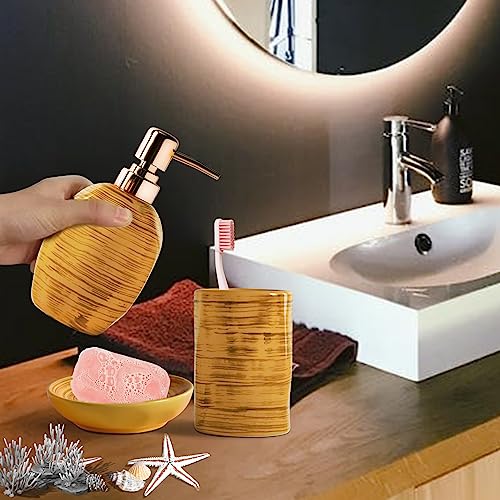 Bathroom Accessories Set, 3 Pcs Marble Look Bath Set Soap Dispenser & Toothbrush Holder Set, Counter Top Restroom Apartment Decor Stuff, Ceramic Kits, Unique Gift, Yellow - size: Mustard