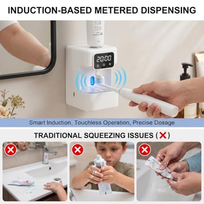 Wall-Mounted Automatic Toothpaste Dispenser, Toothbrush Cleaner with Sensor-Activated Design, Toothbrush Holder with Removable Slots & Smart Display, Toothpaste Dispenser for Kids & Adult (White2.0) - color: White2.0