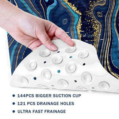 Marble Bath Tub Mat Non Slip, Blue Geometric Marble Non Slip Bath Mat for Shower, Large Washable Shower mats for Showers with Drain Holes and Suction Cups,40 X 16 Inch - color: Blue Geometric Marble