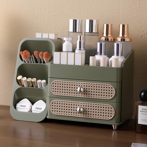 Aveniee Makeup Organizer with Drawers for Vanity, Big Cosmetic Perfume Makeup Brush Holder, Bathroom Coutertop Storage for Skincare Beauty Essentials-Green - color: Green