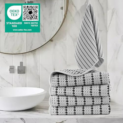 POLYTE 430 GSM Poly Blend Microfiber Quick Dry Waffle Hand Towel, 16x30 in | 4 Pack, Oversize, Lint Free, Quick Dry, Hanging Loop - color: Light Gray/Black