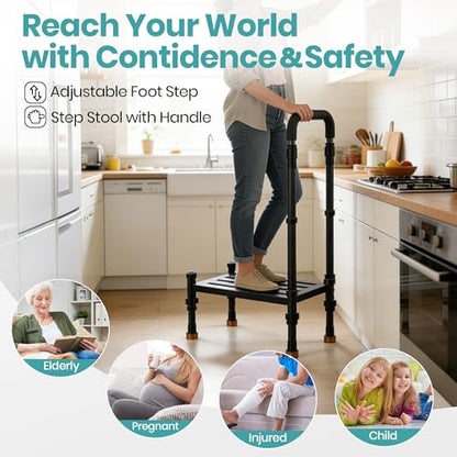 Medical Step Stool, Wide Platform, Adjustable Handrail & Legs | Adjustable handrail(32.5”-40.4”) & sturdy steel frame. 800 lb capacity. Use on bed, car SUV & bathroom. Safe for seniors. - color: Black