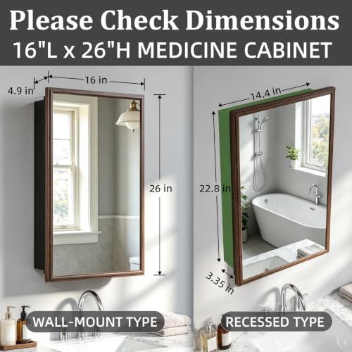 16 x 26 Recessed Medicine Cabinet Mirror with Storage,Brown Aluminum Medicine Cabinet Frame Mirror,Tempered Glass,Mount Recessed Mount Bathroom Vanity Modern Farmhouse