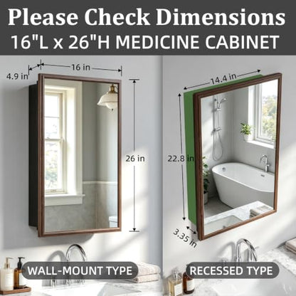 16 x 26 Recessed Medicine Cabinet Mirror with Storage,Brown Aluminum Medicine Cabinet Frame Mirror,Tempered Glass,Mount Recessed Mount Bathroom Vanity Modern Farmhouse