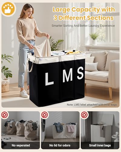 190L Laundry Hamper with Lid, Large Laundry Basket with Lid and 3 Section, Sturdy Laundry Baskets with 3 Removable Bags (L M S), Dirty Clothes Hamper Organizer for Laundry Room, Bedroom and Dorm Room