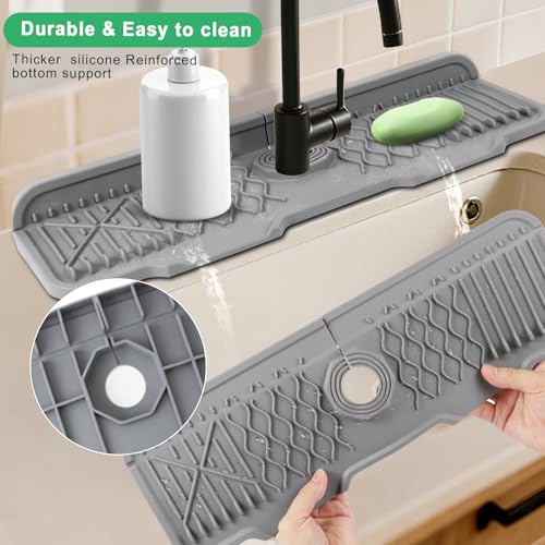 17 Inch Faucet Mat For Kitchen Sink Splash Guard Behind Faucet, ，5°Slope Fast Draining Silicone Mat , Dish Soap Sponge Holder for Bathroom Sink kitchen sink organizer (Grey, 17" x 6") - color: Gray