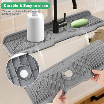 17 Inch Faucet Mat For Kitchen Sink Splash Guard Behind Faucet, ，5°Slope Fast Draining Silicone Mat , Dish Soap Sponge Holder for Bathroom Sink kitchen sink organizer (Grey, 17" x 6") - color: Gray