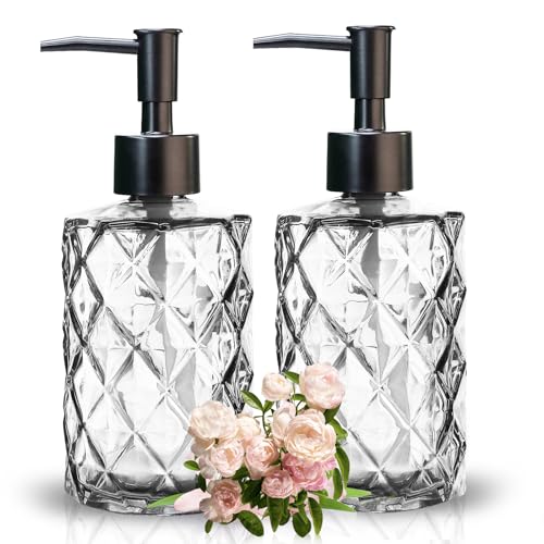 2Pcs Clear Glass Soap Dispenser with Pump, 11oz Diamond Design Refillable Soap Dispenser for Hand Wash, Dish Wash for Dishwashing Liquid, Lotions, Essential Oil - color: Diamond Clear