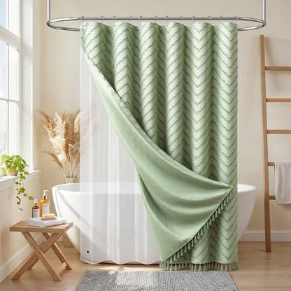 Stall Shower Curtain and Liner Set - 60 x 84 inch Long Boho Shower Curtain and Waterproof Clear Liner, Tufted Chevron Striped Tassel Shower Curtains for Bathroom, 10 Hooks, 60x84, Sage Green - color: Sage Green, size: 60"W x 84"L (Pack of 1)