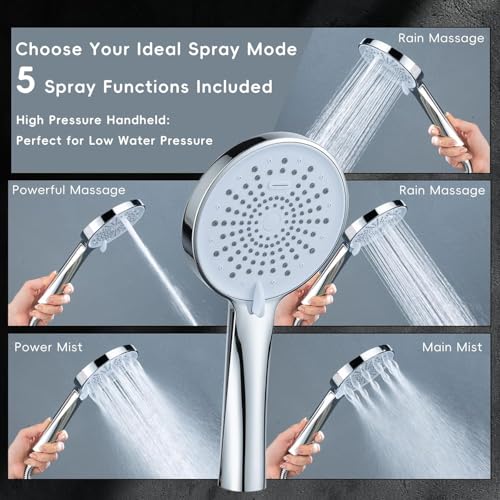 Peicuai Shower Head Combo, 10 Inch High Pressure Rain Shower Head with 11 Inch Adjustable Extension Arm, 5-Setting Handheld Shower with Long Hose, Powerful Spray for Low Water Pressure - color: 10-Inch Chrome