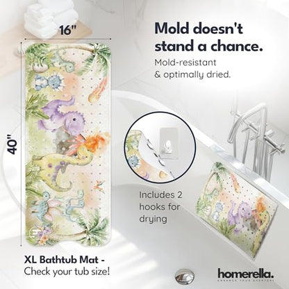 homerella Bathtub Mat Non Slip Kids 40x16 Baby Bath Mat Non Slip Anti Mold | 100% BPA Free, Non Toxic, Mildew Resistant, Machine Washable, Extra Long Kids Bath Mat for Tub Non Slip, Toddler Bath Mat - color: Dino Splash, size: 40" x 16" (Rectangular)