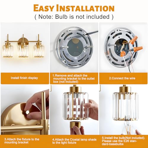 EJIAXIN Bathroom Lighting Fixtures, 3 Light Gold Bathroom Light Fixtures with Clear Shades Modern Crystal Vanity Light Bath Room Vanity Lighting Over Mirror Wall Light - color: Gold 3 Light, size: 3 Light