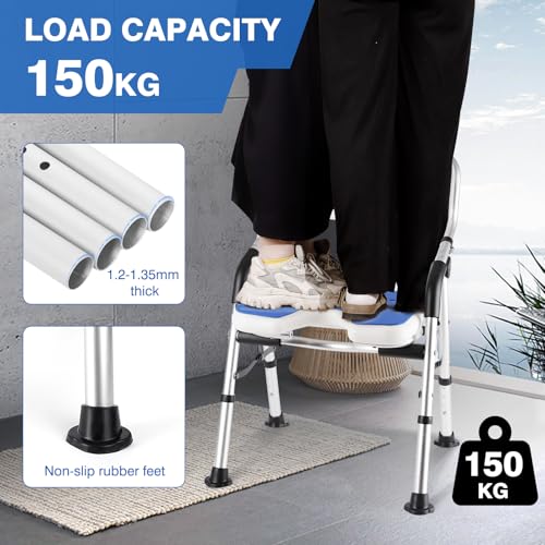 DEWEL Foldable Shower Chair for Elderly and Disabled, Folding Shower Seat with Armrests and Back Height Adjustable, Aluminum Alloy Bath Seat for Inside Shower, 330lbs Capacity (Blue) - color: Blue