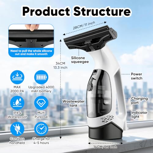 Cordless Window Vacuum Squeegee, 4000mAh Electric Window Cleaner Tool, Window Cleaning Kit with Shower Squeegee & Extension Pole for Shower Glass, Mirror, Door, Car