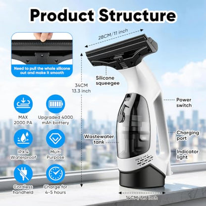 Cordless Window Vacuum Squeegee, 4000mAh Electric Window Cleaner Tool, Window Cleaning Kit with Shower Squeegee & Extension Pole for Shower Glass, Mirror, Door, Car