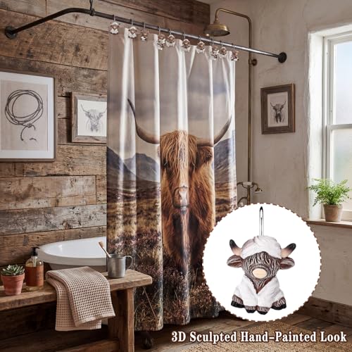 12 Pcs 4 Style Highland Cow Shower Curtain Hooks Rustic Farmhouse Western Decorative Shower Hooks Resin Metal Double Material No-Rust Sliding Curtain Rings for Bathroom Decor for Cow Lovers